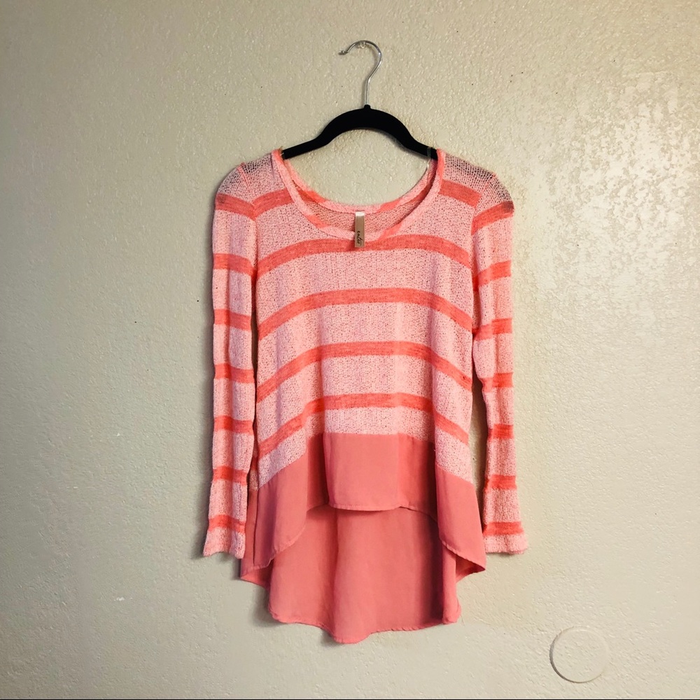 Peach Striped High-Low Long-Sleeved Blouse